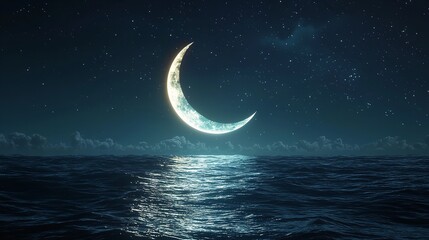 Fototapeta premium Moonlit Ocean Tranquility: Crescent Moon Reflecting on a Calm Ocean Under a Starry Night Sky