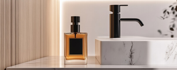 Elegant perfume bottle on marble countertop beside modern sink, showcasing stylish bathroom design with warm lighting and minimalistic decor