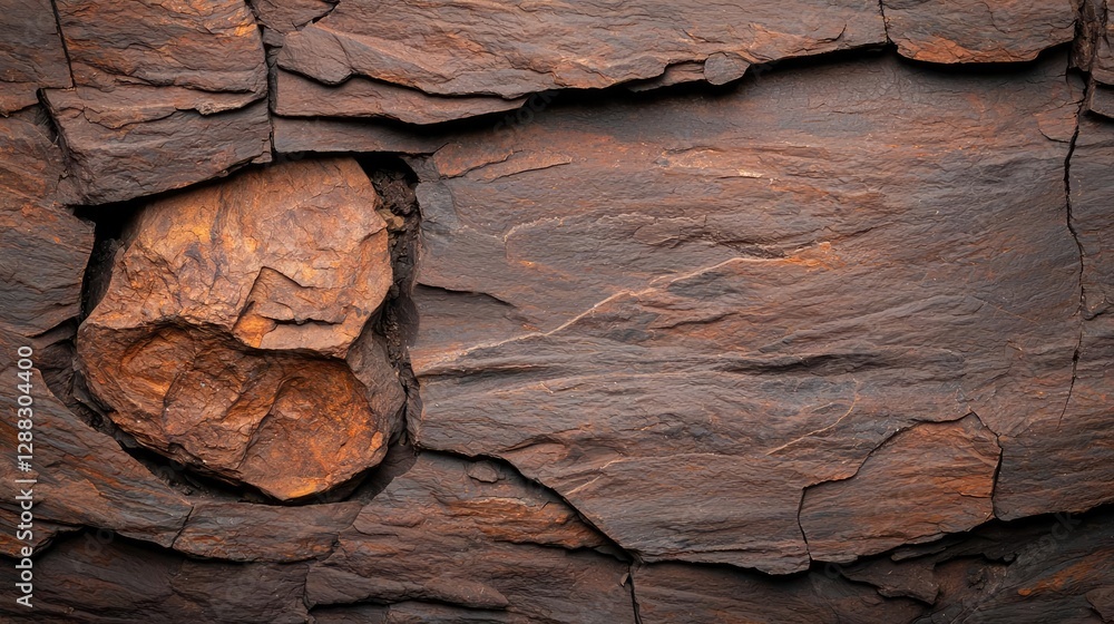 Poster Weathering process concept. Close-up view of textured brown and red rock layers showcasing natural geological patterns.