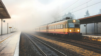 Obraz premium Foggy Train Arrival at Station