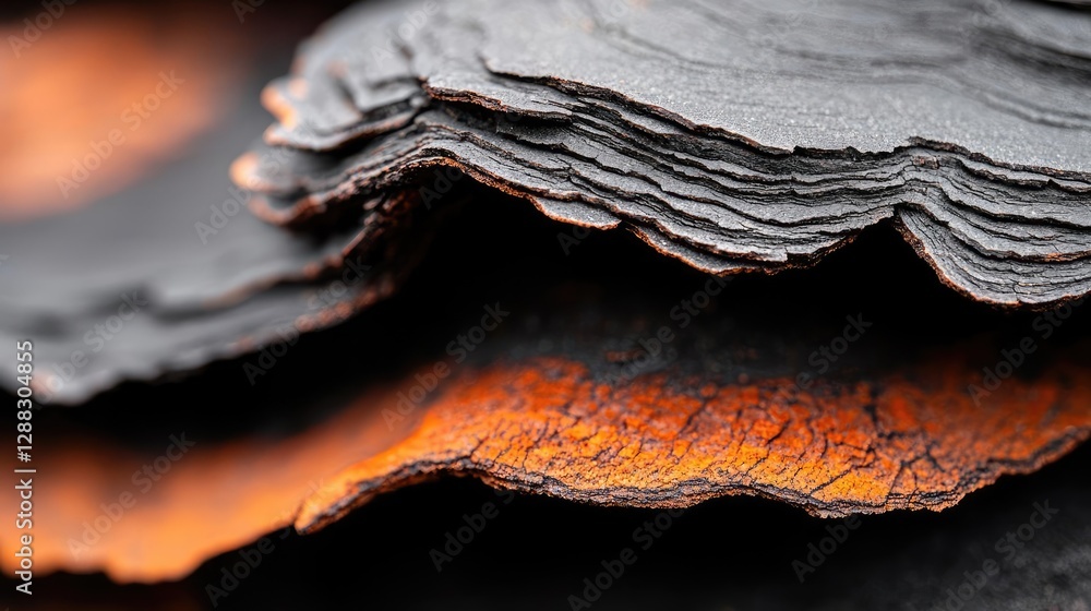 Poster Weathering process concept. Close-up of textured bark layers showcasing rich colors and intricate details.