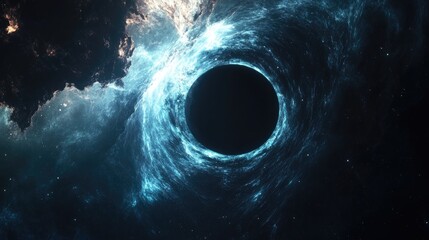 Abstract representation of a black hole with glowing edges surrounded by swirling particles in a dark cosmic environment. Simplistic design with focus on contrast and texture. Generative AI