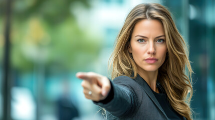 Fototapeta premium Confident business woman pointing forward, suggesting direction, leadership, or making a decision with a clear vision. Professional attire.