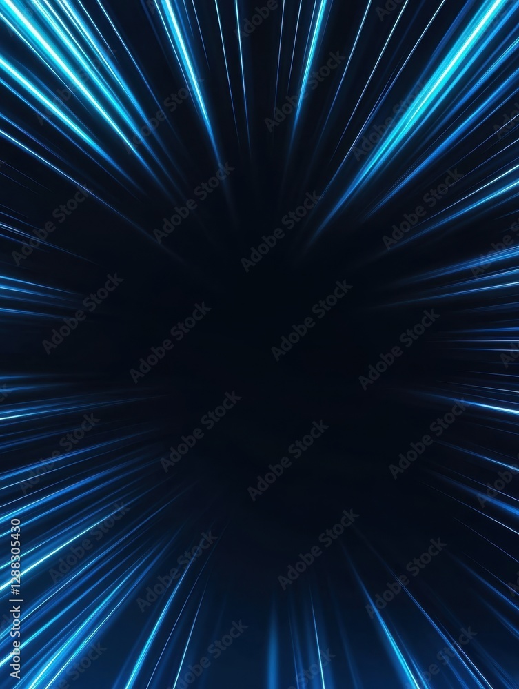 Poster abstract background with radiant blue lines converging into a central dark void, creating speed effe