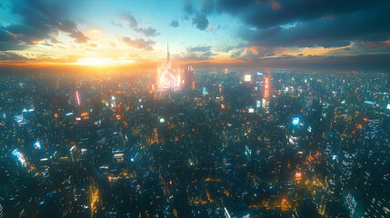 Fototapeta premium Futuristic City Sunset Aerial View