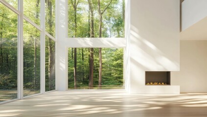 Obraz premium Modern Minimalist Home with Floor-to-Ceiling Windows Overlooking a Lush Forest
