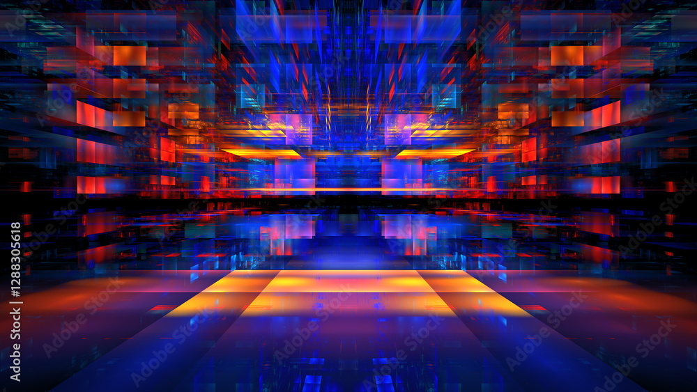 Poster vibrant display of blue, red, and yellow colors that create an abstract, futuristic environment. geo