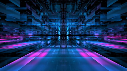 Bold hues of blue and pink dominate this digital abstraction, creating a visually captivating experience that evokes a sense of motion and depth in a virtual space. 3d render