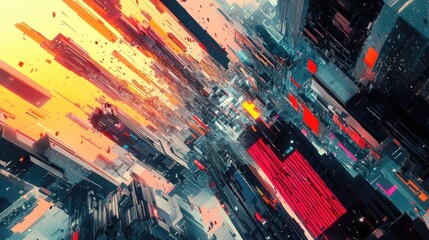 Obraz premium Abstract urban art with bold strokes of red, yellow, and black creating a futuristic cityscape. Geometric shapes and layered textures evoke a dynamic and chaotic atmosphere. Generative AI