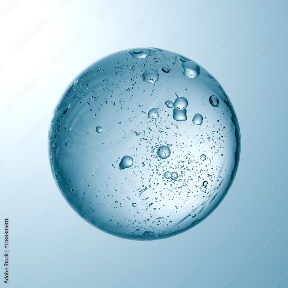 Poster spherical object made of clear material is submerged in water, showcasing numerous bubbles rising wi
