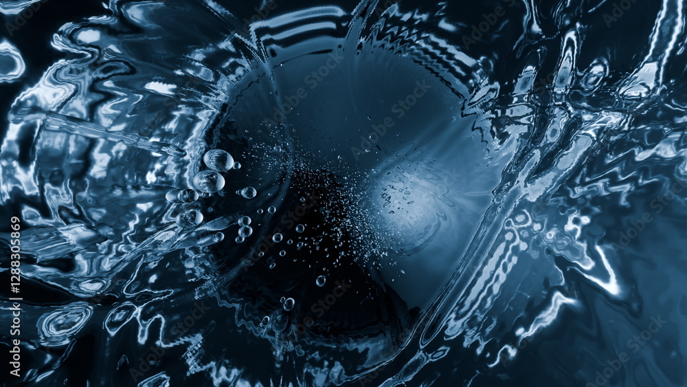 Poster bubbles ascend in clear water, creating intricate patterns and reflections. cool blue tones and gent