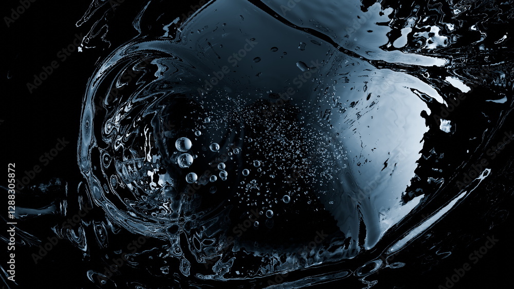 Poster dark background highlights the dynamic movement of water filled with bubbles, creating an intriguing