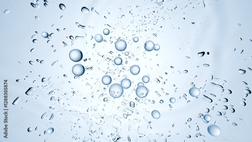 Poster water bubbles and droplets are suspended in a crystal-clear atmosphere, capturing light and creating