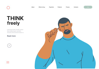 Thinking people, modern flat vector concept illustration- man standing thoughtfully, looking sideways. Metaphor for reflection, analysis, introspection, contemplation, deep thought