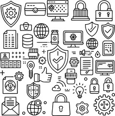 "Security and Protection Thin Line Icons" feature symbols like shields, locks, cameras, and alarms, designed with thin, clean lines. These icons represent security, safety, and protection measures on 