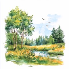 Spring, summer landscape. Watercolor illustration drawn by hand. Watercolor nature. Sunny landscape, natural background with fields, meadows, forests, mountains and flowers
