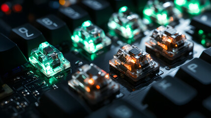 A detailed close-up of a mechanical gaming keyboard with custom keycaps and dynamic RGB effects.