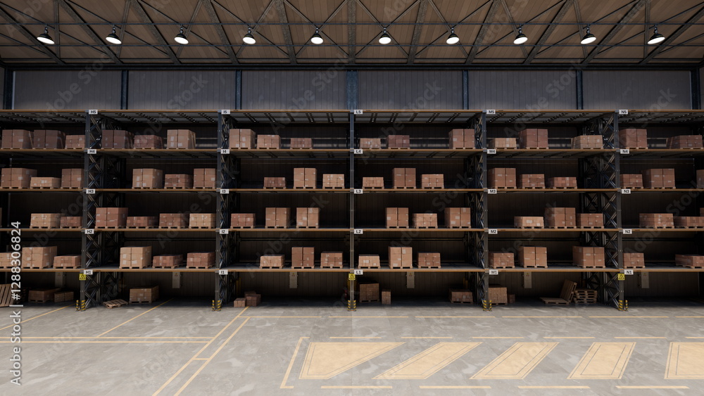 Poster In a large warehouse, multiple storage racks are neatly arranged with cardboard boxes stacked high. efficient layout showcases an organized inventory system in a spacious environment. 3d render