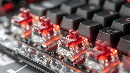 A detailed close-up of a mechanical gaming keyboard with custom keycaps and dynamic RGB effects.