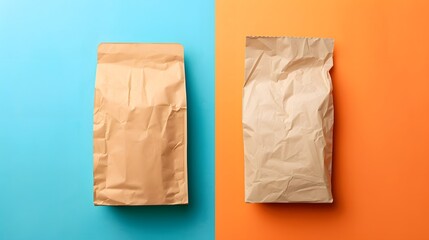 Two brown paper bags, one neat and one crumpled, are placed on a split blue and orange background.