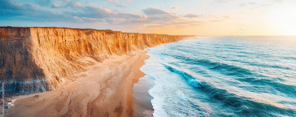 Poster weathering process idea. breathtaking view of a coastal cliff meeting the calm ocean waves at sunset