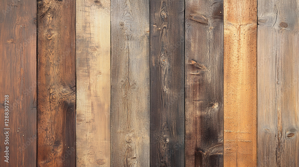 Poster close-up of wooden planks with varying colors and textures, creating a rustic, natural background. t
