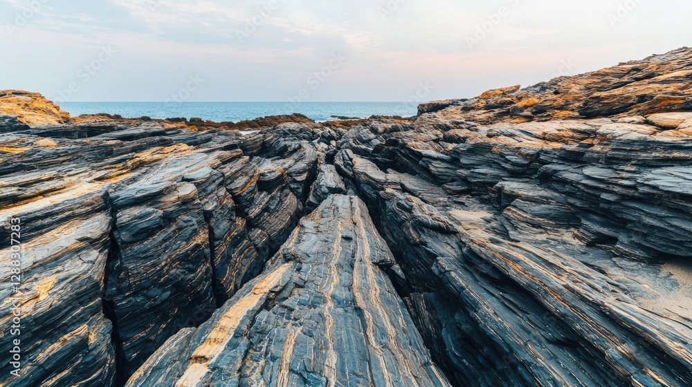 Aufkleber weathering process concept. breathtaking view of rocky cliffs leading to the serene ocean under a cl