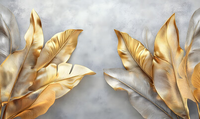 3D golden banana leaves, gray background, soft lights and shadows, Generative AI