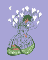 Abstract vector artwork. Figure of a woman in the shape of a magnolia tree. Blooming magnolia tree, blooming natural beauty, fashion,exotic illustration