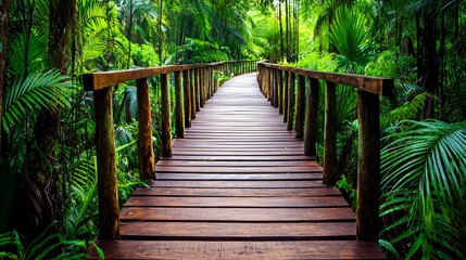 Wooden Path Through Lush Green Tropical Jungle