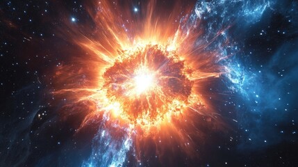 A spectacular cosmic explosion depicting a supernova bursting with fiery energy, radiating light and particles across a vibrant galaxy. Colorful cosmic event vast power beauty of space. Generative AI