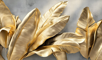 3D golden banana leaves, gray background, soft lights and shadows, Generative AI