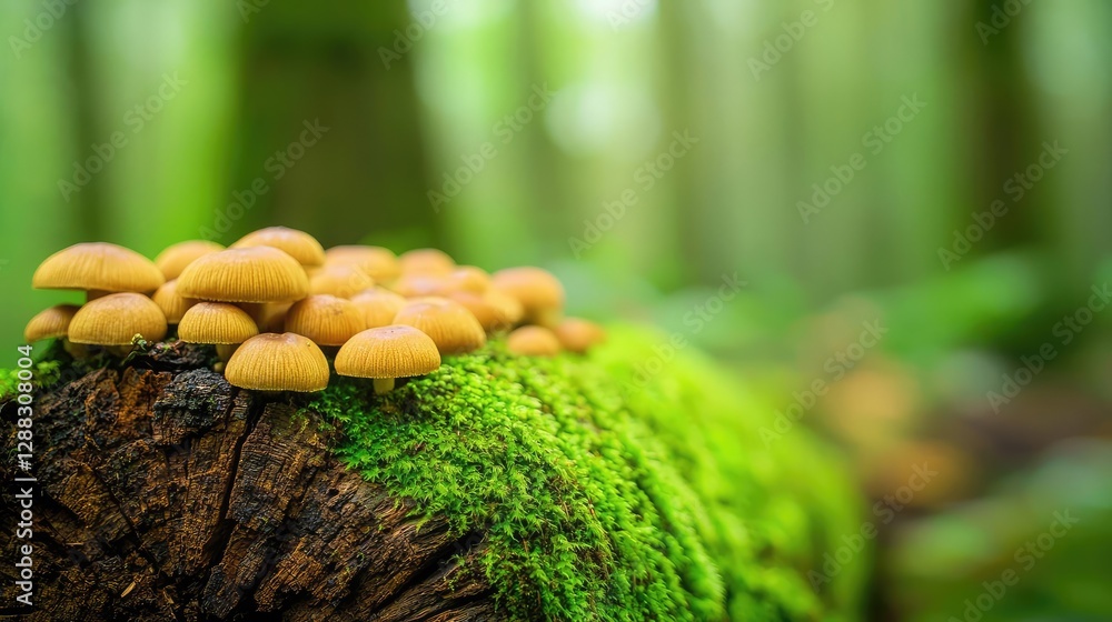 Aufkleber Weathering process idea. A cluster of mushrooms growing on a mossy log in a serene forest environment.