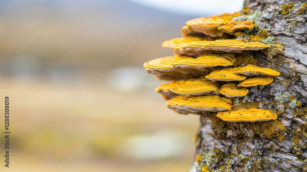 Poster weathering process idea. close-up of vibrant yellow fungi growing on a textured tree bark in nature.