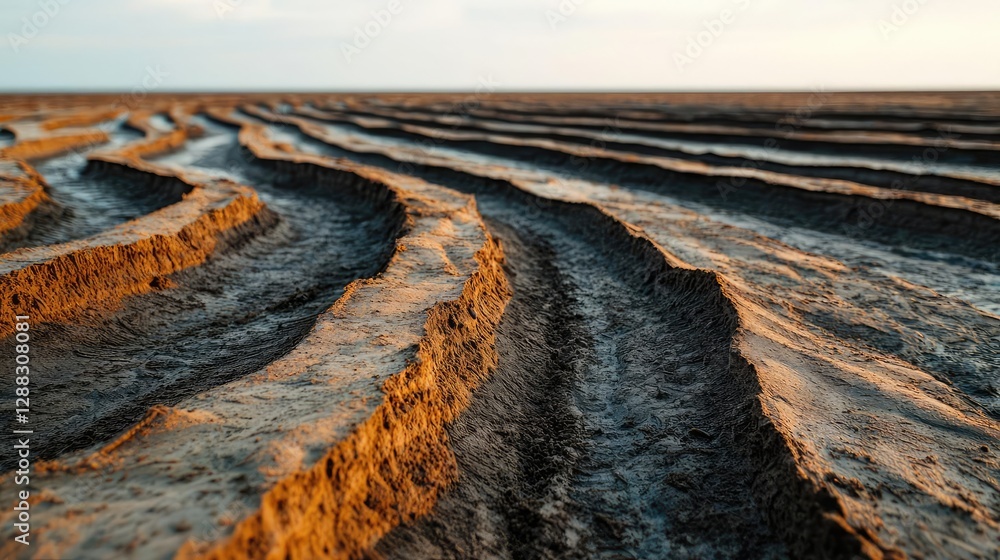 Poster Weathering process idea. Stunning sunset view of patterned sandy land with curved lines and soft shadows.