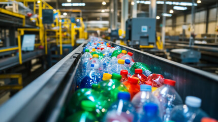 Workers at a recycling facility sort and process plastic bottles on a conveyor belt, contributing to environmental sustainability and efficient resource recovery in the late afternoon