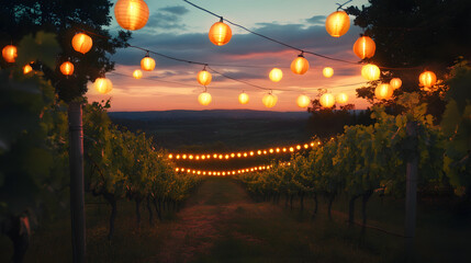 A dramatic scene of a vineyard at dusk illuminated by lanterns and string lights.