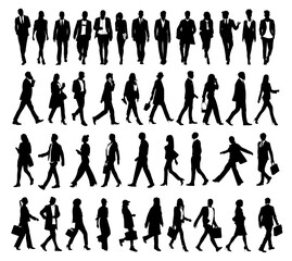 Silhouettes of business people walking, men and women full length front, side, back view. Crowd of people Vector illustrations isolated black on white background . Avatar, icons for website.