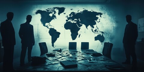 Global security threats illustrated shadowy figures in a dark ominous infographic