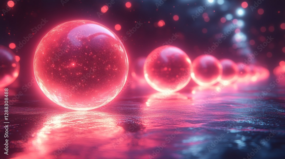 Poster Glowing red spheres reflecting on wet surface with bokeh lights, futuristic atmosphere. Modern technology and innovation concept