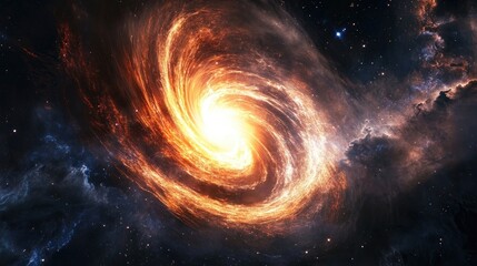 Mesmerizing black hole swirling with radiant golden light, surrounded by cosmic debris distant stars. The celestial phenomenon dynamic visual of gravity energy mysteries of deep space. Generative AI