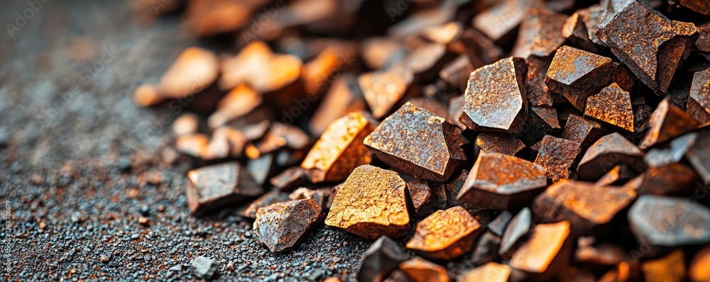 Aufkleber Weathering process concept. Close-up view of rusted metallic ore pieces showcasing texture and color variation.