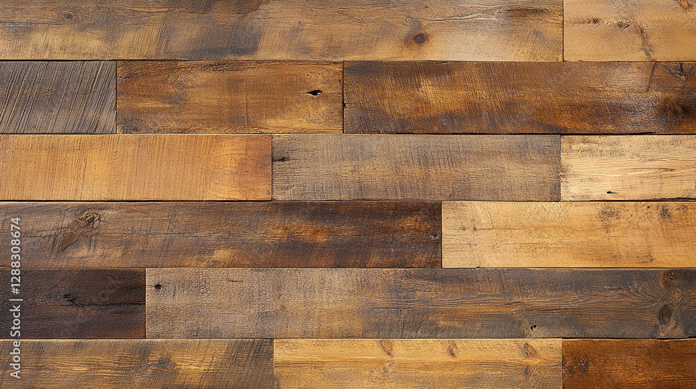 Poster close-up view of wooden planks with various natural tones, from light to dark brown, showcasing the 