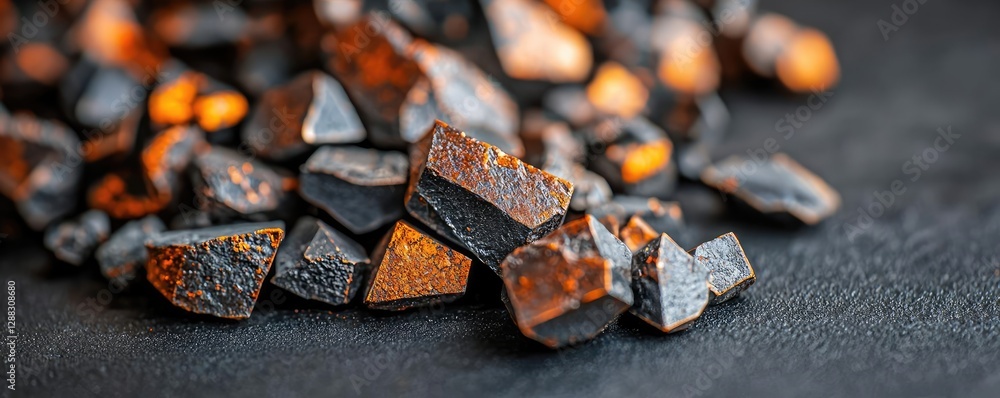 Aufkleber Weathering process concept. Close-up view of shiny, angular mineral rocks on dark surface.