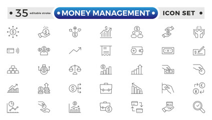set of money management outline icon. money management, wallet, banking, ATM, piggy bank, investment profit, finance growth chart, money increase, finance icon. Editable stroke outline icon. 