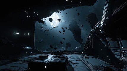 Dimly lit abandoned spaceship corridor filled floating debris eerie green light. Haunting atmosphere suspense crumbling walls broken technology remnants of once-functional space station. Generative AI