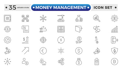 set of money management outline icon. money management, wallet, banking, ATM, piggy bank, investment profit, finance growth chart, money increase, finance icon. Editable stroke outline icon. 