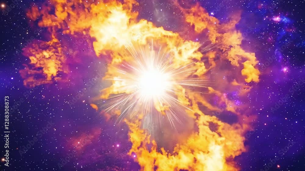 Poster tilt up quickly to reveal a dramatic supernova explosion effect on a deep space background with a bl