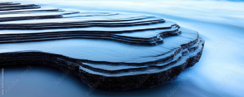 Poster weathering process idea. calm water flowing over unique rock formations with smooth, layered texture
