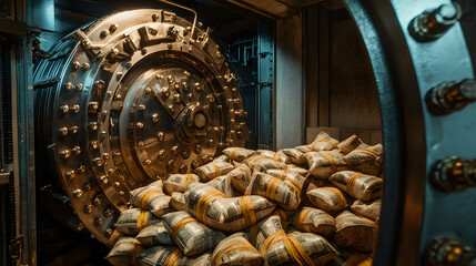 A dramatic view of an open bank vault with overflowing bags of cash.